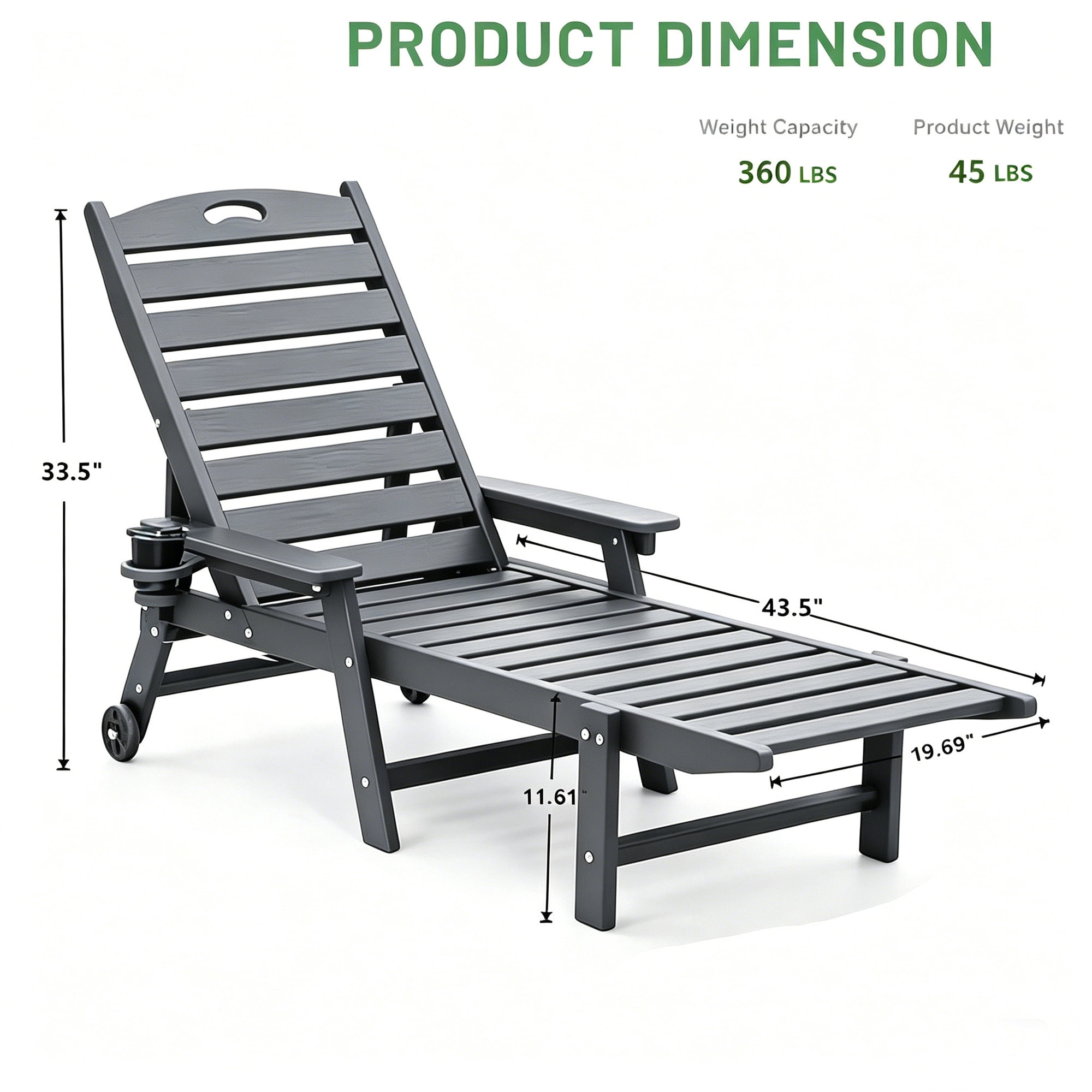 Aukfa HDPE Outdoor Patio Chaise Lounge Chair w/ Cup Holder&Wheels, 360 LBS Capacity, Gray