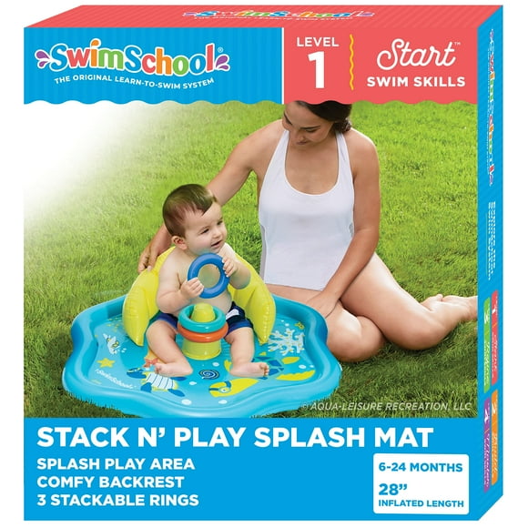 SwimSchool Baby Splash Play Mat â€“ Inflatable Play Pool for Babies & Infants with Backrest â€“ Includes Baby Water Toy Ringsâ€“ Seafoam Blue Lemon