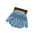 thumbnail image 3 of Girls Solid Jean Shirts Kids Long Sleeve Ruffle Irregular Hem Denim Tops Dress, 3 of 5