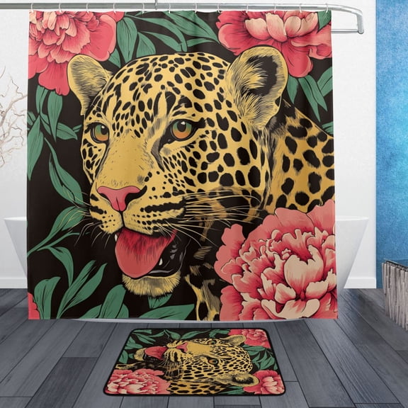 BZSMCE Shower Curtain and Bath Accessory Set,Leopard & Flowers Pattern