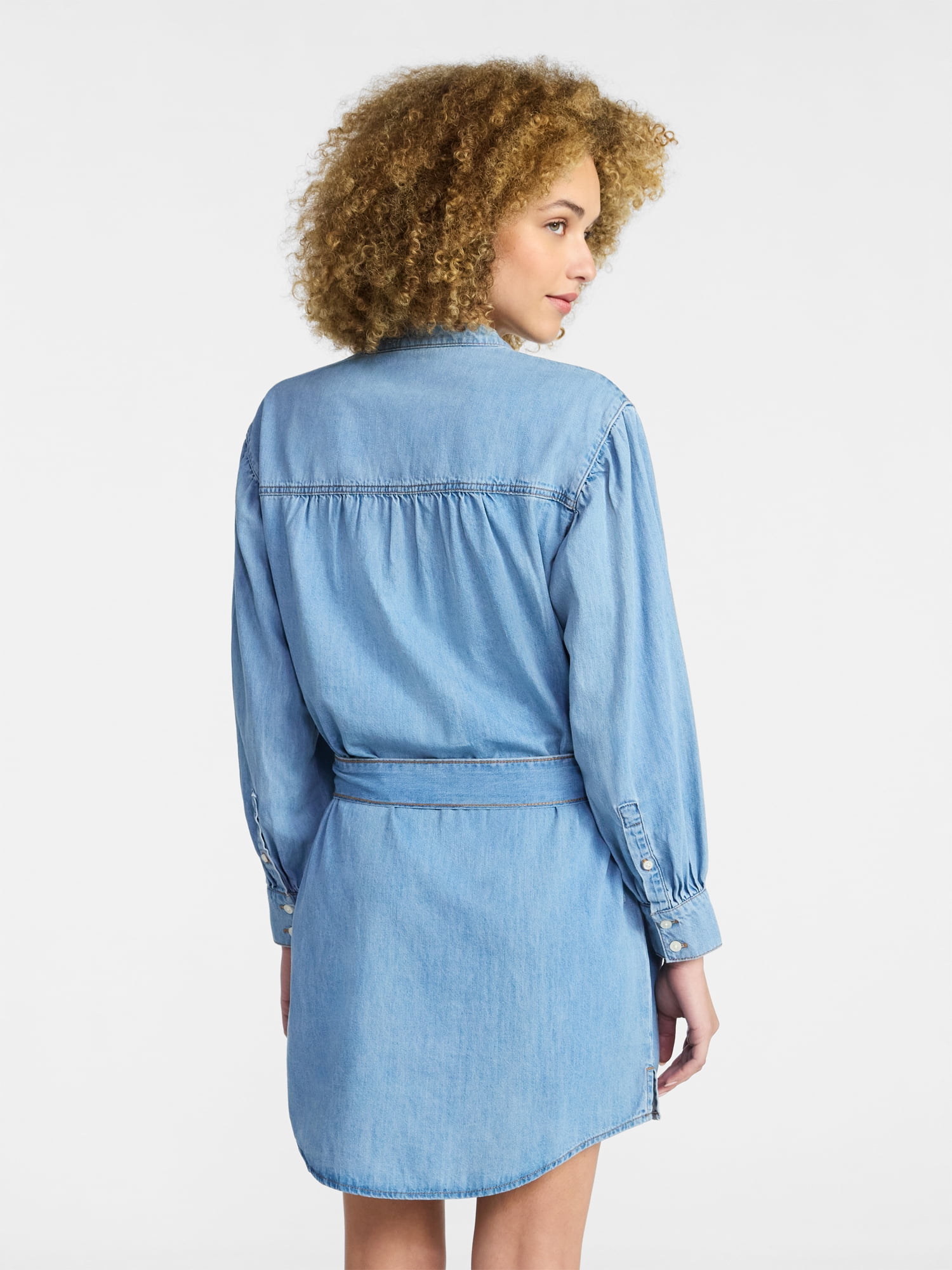 Time and Tru Women's Belted Denim Mini Shirtdress with Long Sleeves, Sizes XS-XXXL