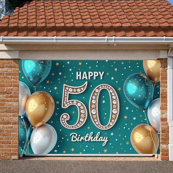 Golden Blue Theme 50th Birthday Banner Sparkling Stars Display Pearl Decorated Balloon Accents 50th Anniversary Backdrop for 50th Birthday Party Adult Celebration Milestone Event
