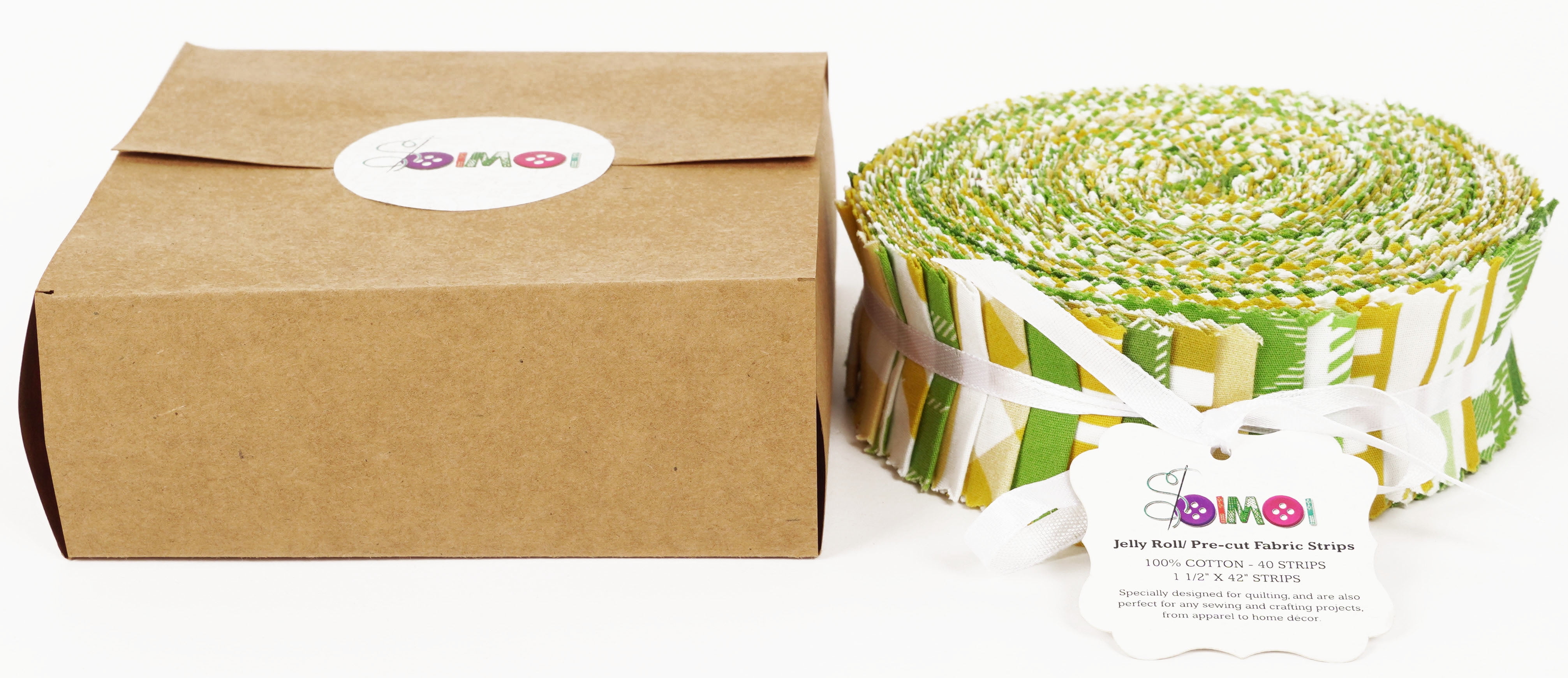 Soimoi 40Pcs Check Print Precut Fabrics Strips Roll Up 1.5x42inches Cotton Jelly Rolls For Quilting - Light Green & Mustard Yellow