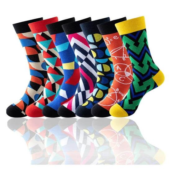 VEGCOO 7 Pairs Colorful Novelty Socks Men, Casual Combed Cotton Crew Socks, Funky Socks for Men