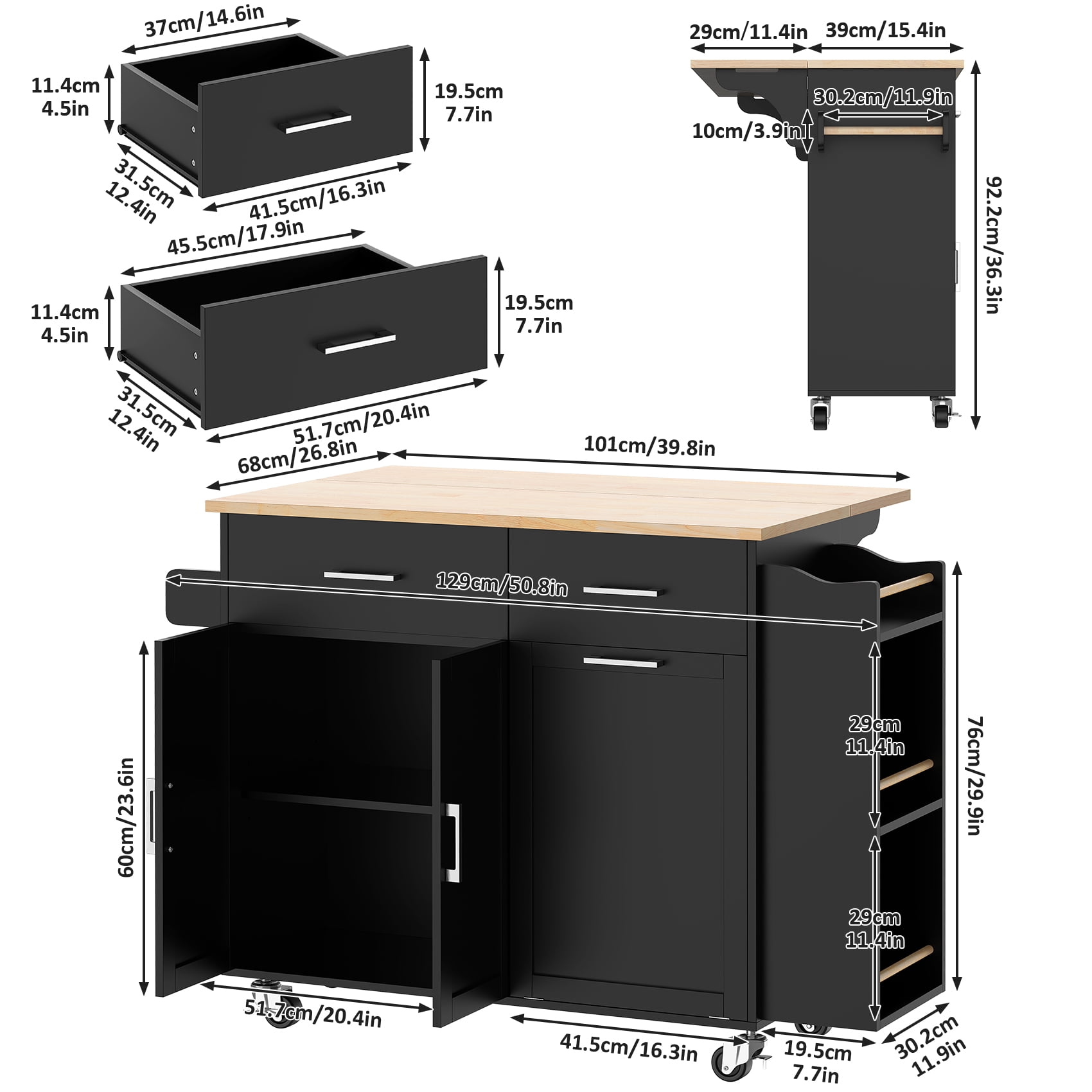 Meteorleg Rolling Kitchen Island with Drop Leaf, Tilt Out Kitchen Trash Cabinet 10 Gallon Storage, Kitchen Cart Island with Rubber wood Top, Spice Rack and Drawers,Black