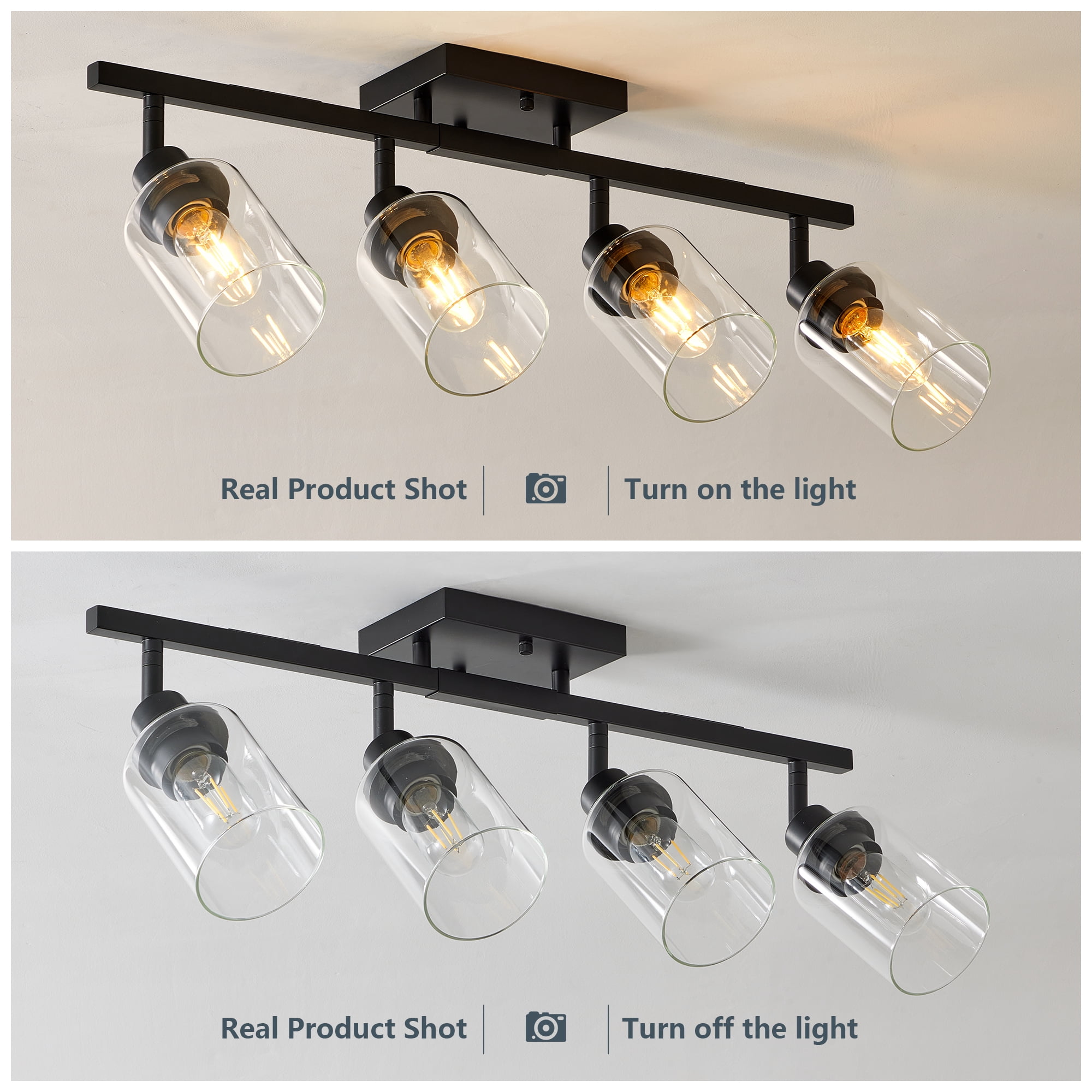 Leumius 4-Light Semi Flush Mount Ceiling Light, Adjustable Kitchen Light Fixtures Ceiling Mount with Clear Glass Shades, Rotatable Black Track Lighting Fixtures for Hallway, Foyer, Bedroom(No Bulbs)