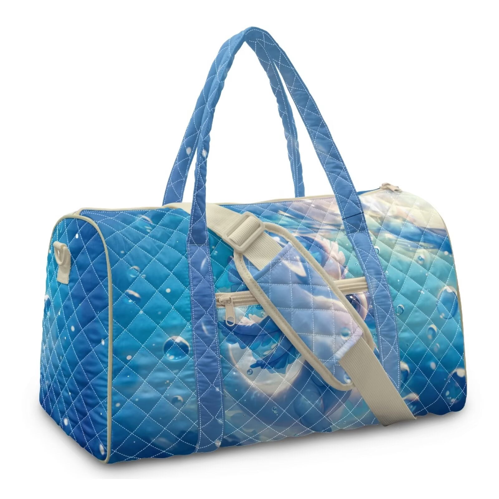 Garronmavis Cute Blue Axolotl Print Large Quilted Duffle Bag for Women, Weekender Travel Bag Carry On Tote Overnight Gym Dance Bag with Zipper Pockets