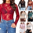 thumbnail image 2 of Women Long Sleeve Solid Color Sheer Lace T-Shirt Blouse Clubwear Going Out Top, 2 of 7