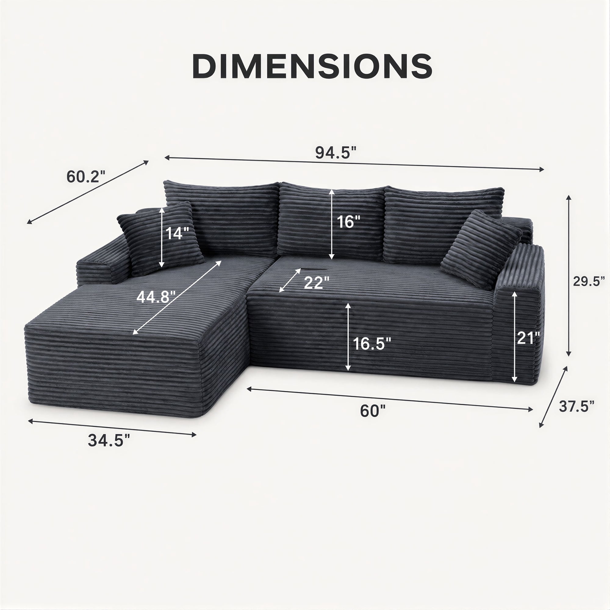 Aukfa 96" Cloud Sectional Couch, Modular L Shaped Boneless Sofa with Left Facing Chaise&2 Storage Pockets, Dark Gray