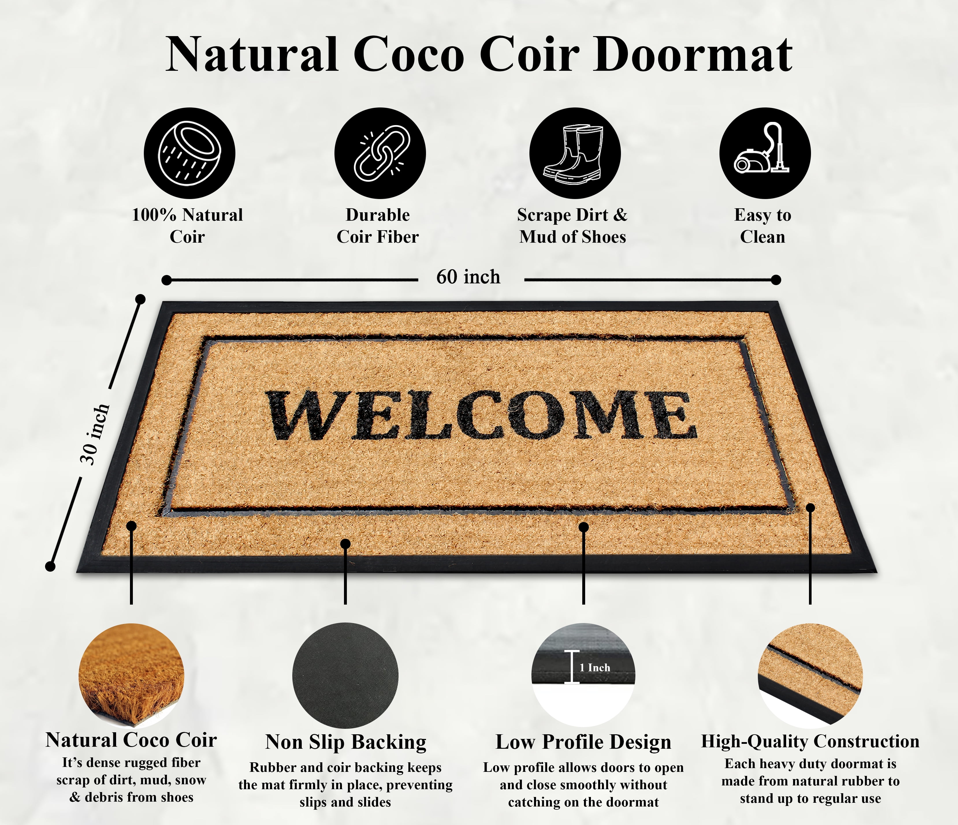 A1HC 30" x 60" Picture Frame Welcome Coir and Rubber Door Mat, Heavy-Duty Outdoor Entrance Mat for Front Porch, Patio, or Entryway