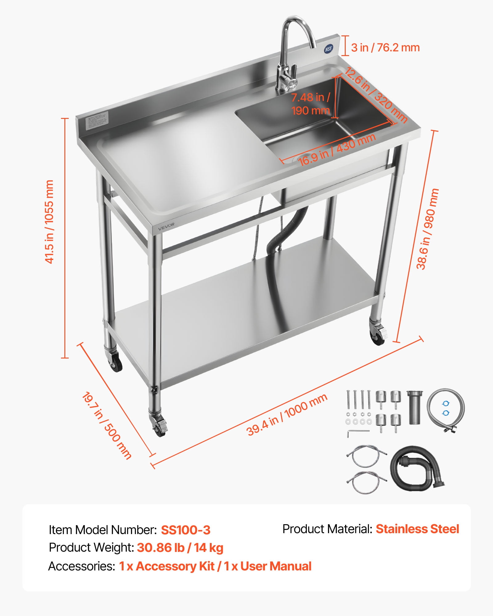 VEVOR Stainless Steel Utility Sink,Rolling Single Bowl Commercial Kitchen Sink with Wheels,Faucet and Hot & Cold Water Pipe,Utility Basin Workbench for Garage Restaurant Laundry 39.4 x 19.7 x 41.5 in