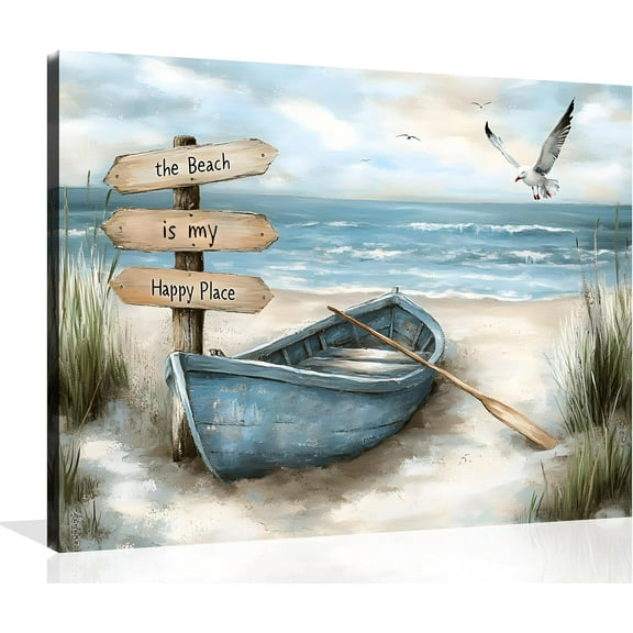 Beach Boat Canvas Wall Art Seagull Canvas Poster Coastal Boat Pictures Farmhouse Sea Bird Ship on Beach Painting Coastal Ship Prints for Living Room Bathroom Wall Framed 8X10 inch