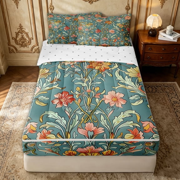 Erosebridal Teal Victorian Floral Zipper Twin Comforter Sets with Fitted Sheet and 2 Pillowcases for Women Girls, Mandala Leaf Print Zipper Bedding Set, Reversible, 4 Pieces
