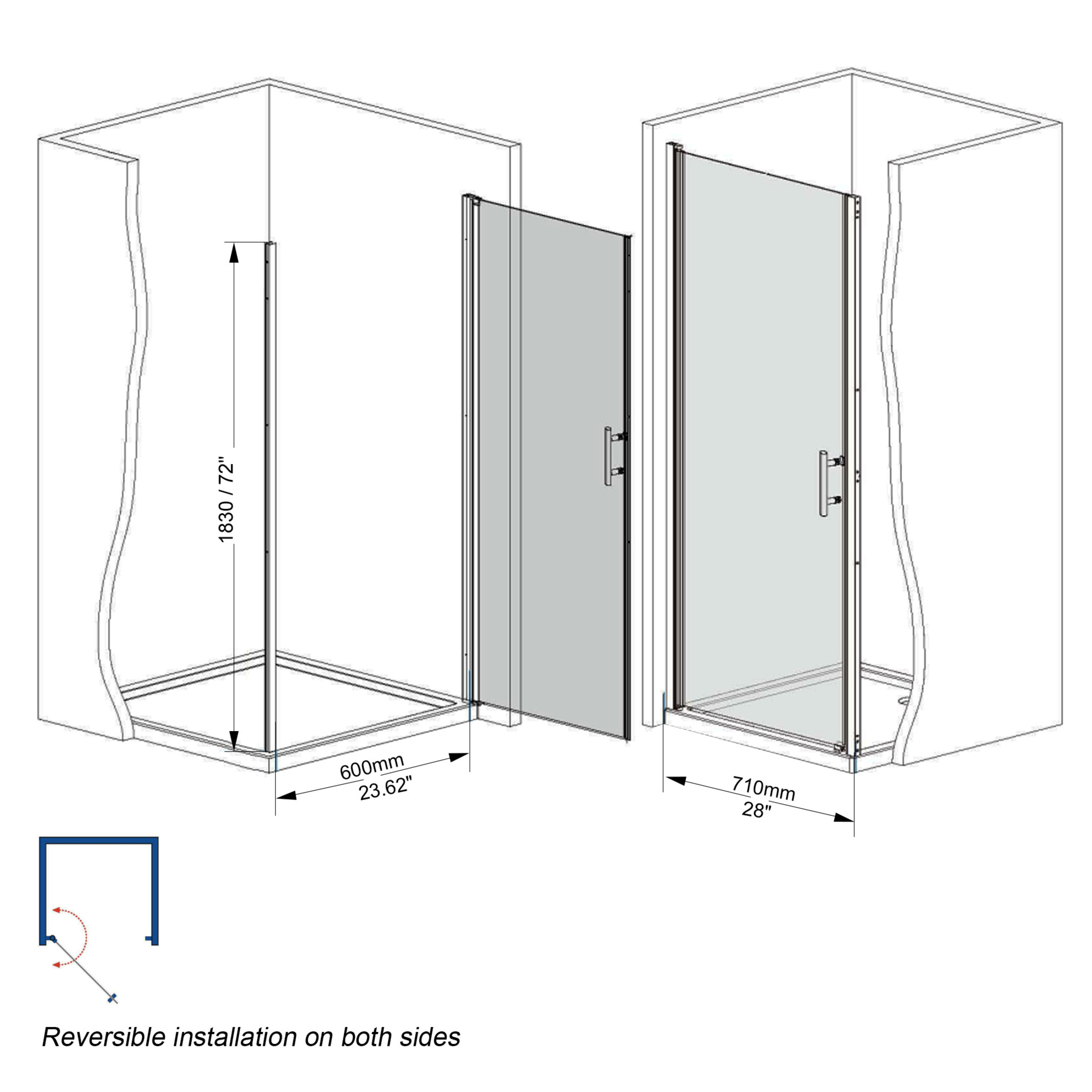 Noble House 28"x72" Pivot Shower Door, Aluminum Frame with Tempered Glass, Stainless Steel Handle, Chrome