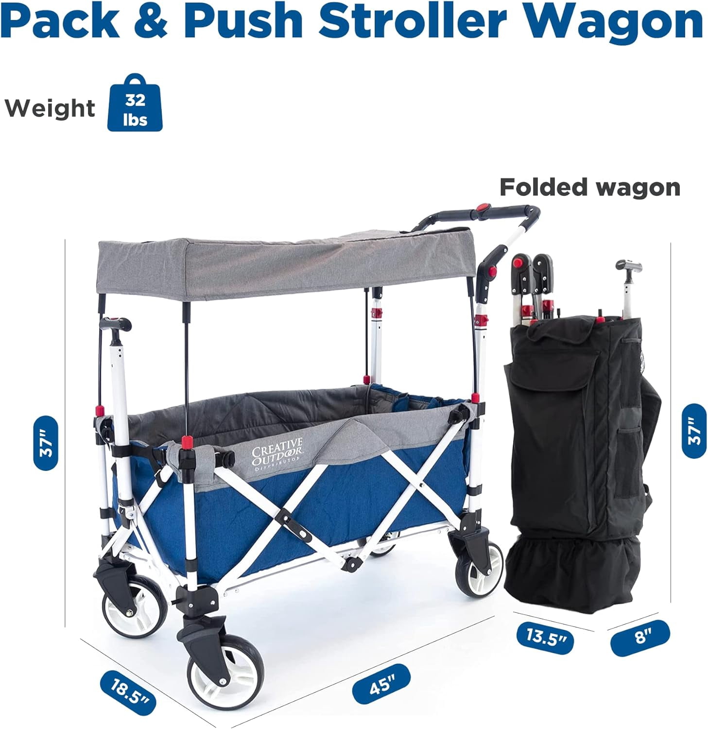Creative Outdoor Stroller Wagon with Canopy for Kids, Push Pull Folding Wagon, Supports Up to 150lbs, Blue