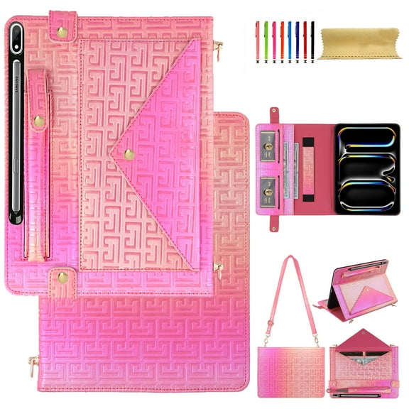 For Samsung Tab S10 /S9 /S8 /S7 /S7 FE Wallet Case,With Shoulder Strap&Hand Strap With Elastic,[Stylus Slots&Envelope Pocket,Card Slots],Flip Folio Stand PU Leather Shockproof Cover,Rose