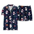 thumbnail image 5 of felwors Women Christmas Pajamas Set Silk Satin Short Sleeve Button Down Top and Shorts Plus Size Soft Sleepwear Lounge Xmas Pjs Navy, XL, 5 of 6