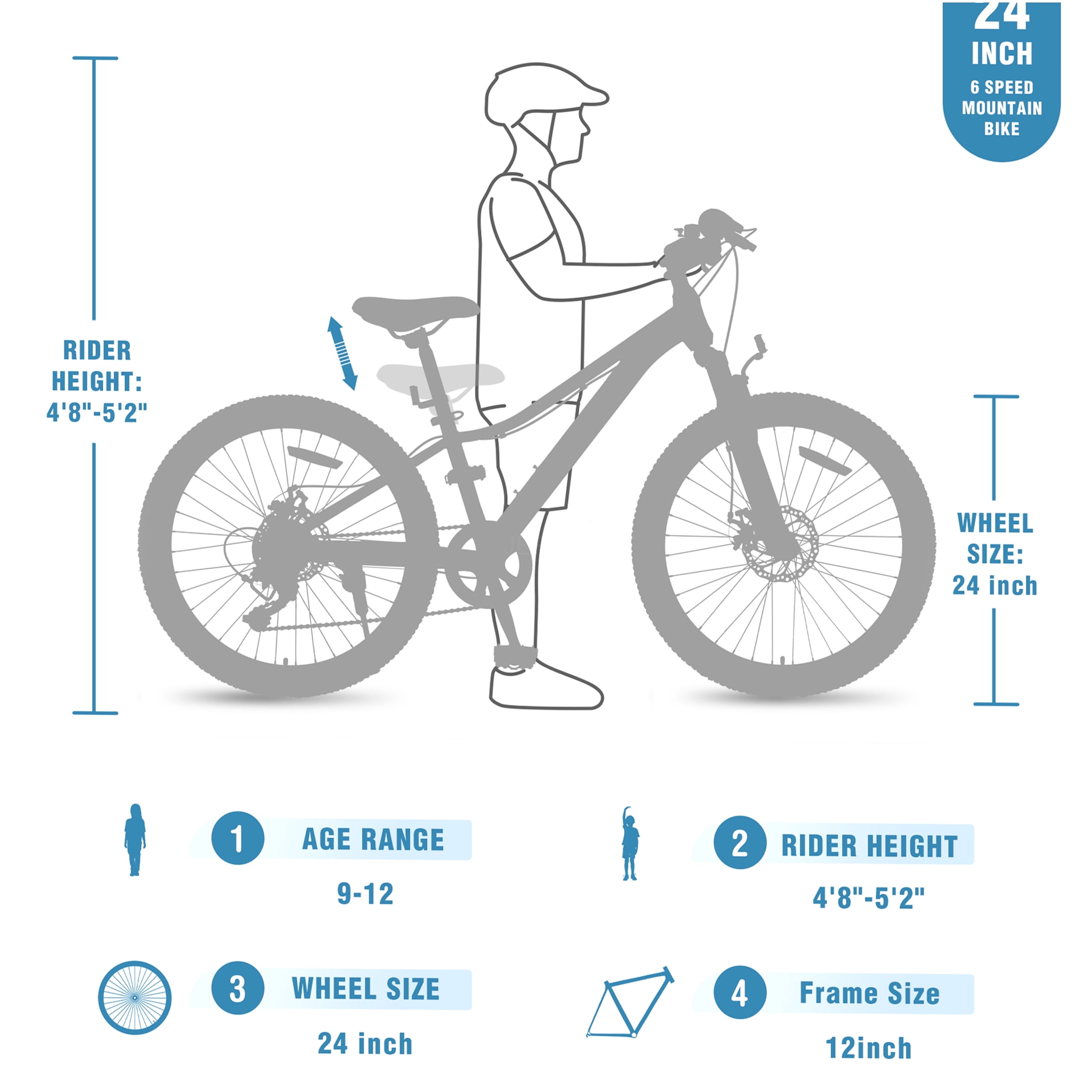 JERFIT 24 Inch Youth Mountain Bike for Boys and Girls, 6-Speed Shimano Gears, Steel Frame, Front Suspension Fork, Front & Rear Disc Brakes, Blue