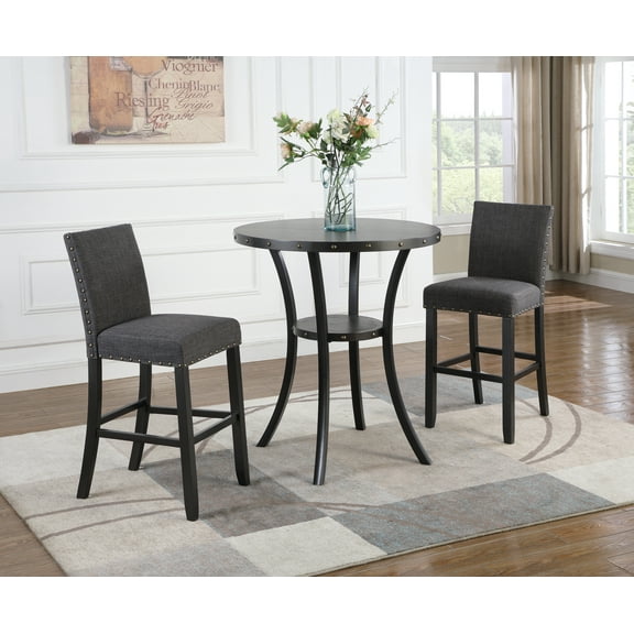 CoSoTower 3-Piece 36" Round Espresso Finish Bar Table with 2 Gray Fabric Nail Head Pub Chairs