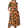 thumbnail image 5 of Women's Round Neck Halloween Patchwork Print Dress with Pockets Short Sleeve Loose Midi Dress Casual Fall Outfit for Daily Wear Yellow L, 5 of 6