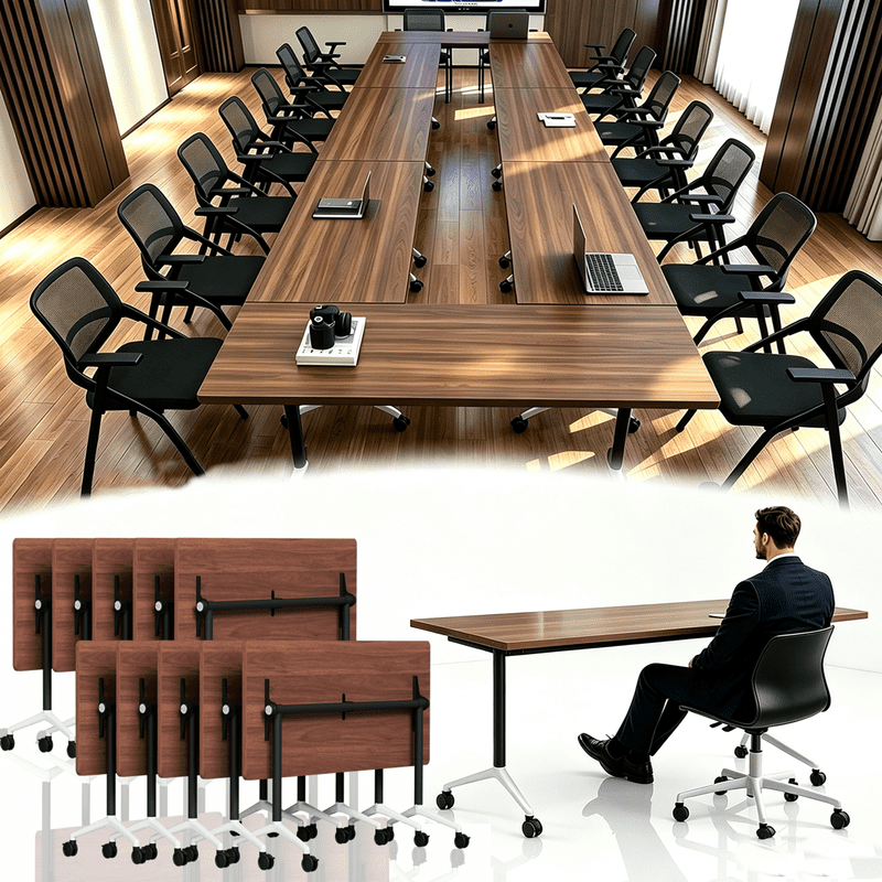 10Pack Folding Conference Room Table with Wheels 61in Modular Training Table for Office Classroom Walnut