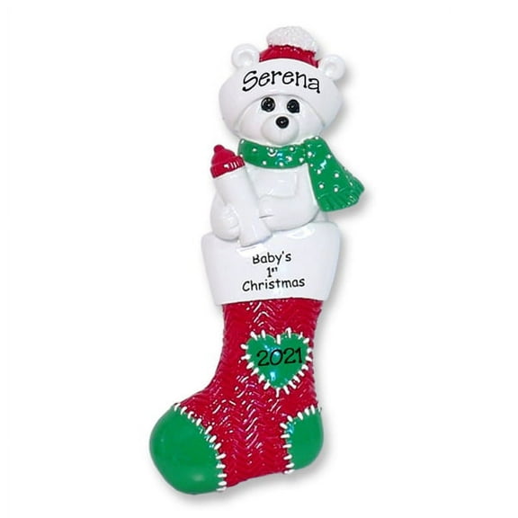 Baby's First Christmas - Polar Bear in Stocking Personalized Baby Ornament for Girl or Boy