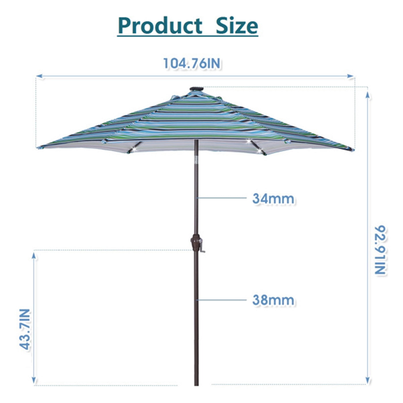 Outdoor Patio 8.7-Feet Market Table Umbrella with Push Button Tilt and Crank, Red Stripes With 24 LED Lights, Outdoor Umbrella for Garden, Deck, Backyard, Pool and Beach, Blue Stripes