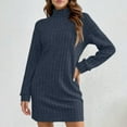 thumbnail image 3 of Women's Sweater Dress Knit Dress Long Sleeve Turtleneck Brushed Striped Mid Length Comfortable Dress for Spring Fall,Dark Blue,2XL, 3 of 5
