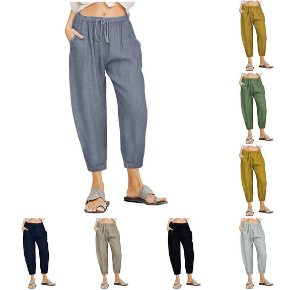 Kmdttou Women's Fashionable And Casual Solid Color Elastic Drawstring Waistband Capris on Clearance!