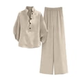 thumbnail image 6 of DYTTDG Women's Linen Blend 2-Piece Outfit | V-Neck Batwing Sleeve Top & Wide Leg Pants Casual Set, Loose Fit Summer Wear, 6 of 8