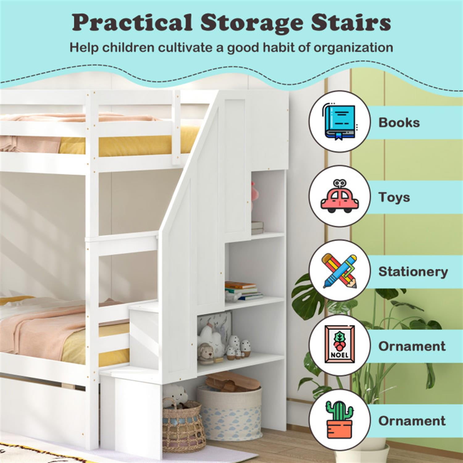 Demi Bonn Twin Over Twin Bunk Bed with Storage Stairs and Drawers, Solid Wood Bunkbeds Frame for Bedroom, No Box Spring Needed, White