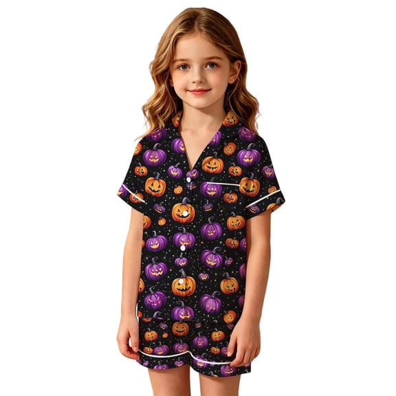Kids Halloween Pajamas Size 4-5 Years Themed Nightwear Button Front Short Sleeve Top with Shorts Girls' Pajama Sets Purple