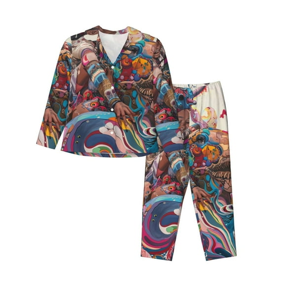 KLL Fantasy Colorful Beast Print Women's Long Sleeve Pajamas with Pants Sleepwear Loungewear 2 Set-Large
