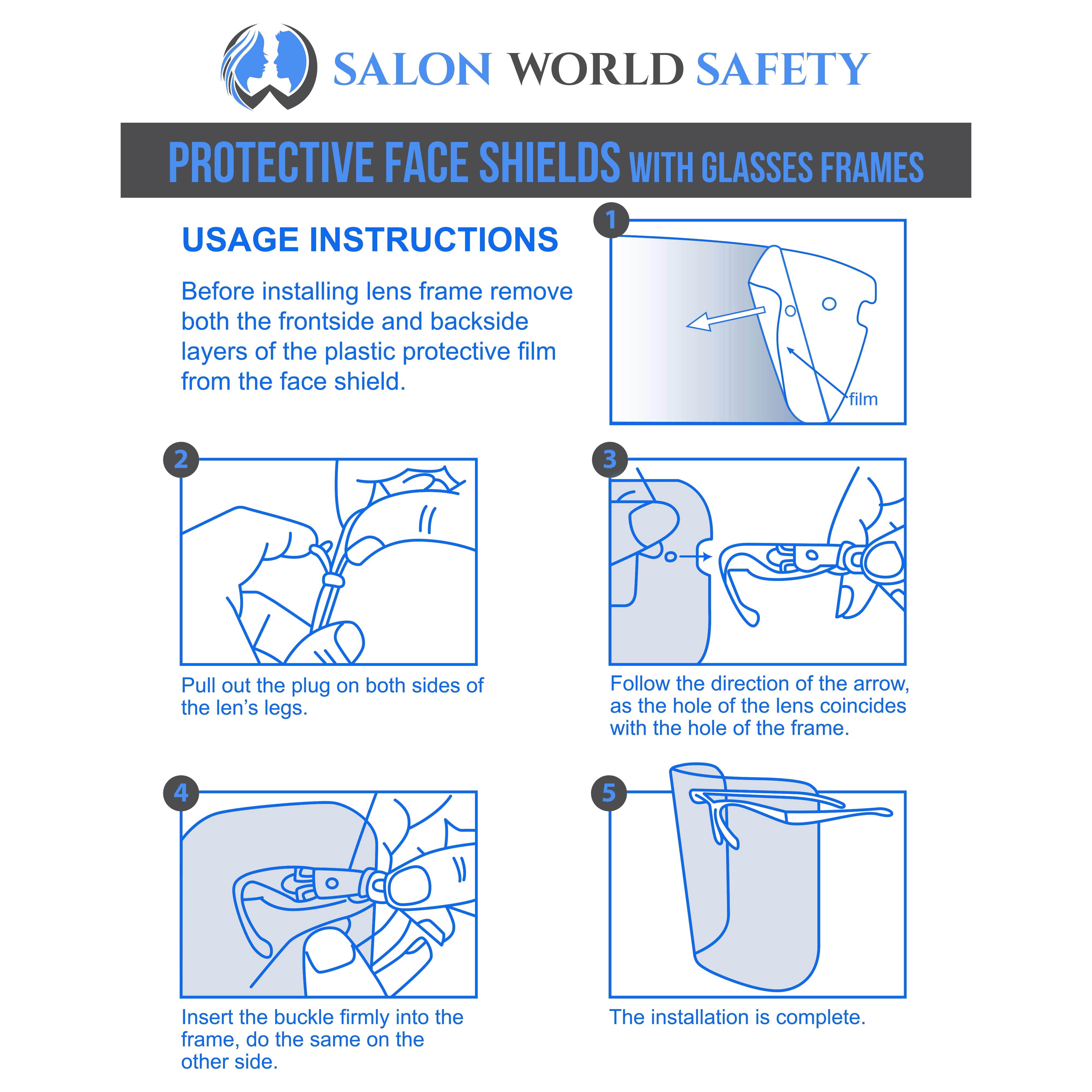 TCP Global Salon World Safety Face Shields with Blue Glasses Frames (Case of 200) - Ultra Clear Protective Full Face Shields to Protect Eyes, Nose, Mouth - Anti-Fog PET Plastic, Goggles