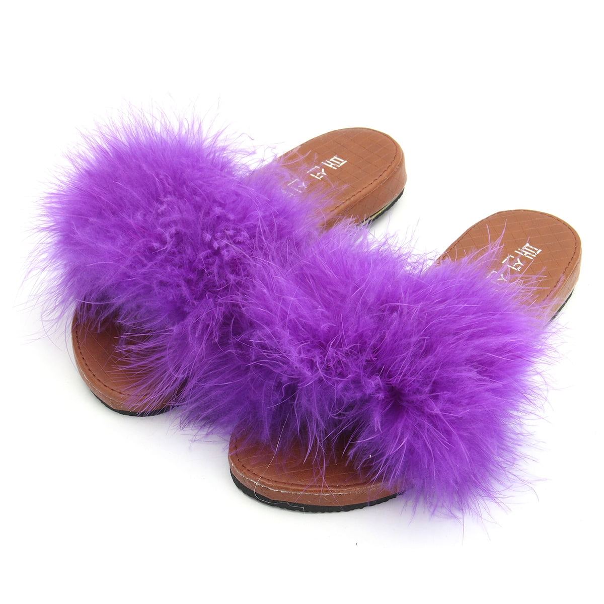 purple fluffy slippers