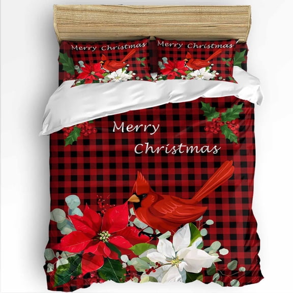 Merry Christmas King Size Comforter Set, Poinsettia Cardinal Bird Berry Red Plaid Soft Bedding for All Seasons, 4 Pcs Bed Set with 1Comforter (90"x106") ,1 Sheet(94"x116"), 2 Pillowcases (19"x35")