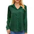 thumbnail image 3 of Needbo Women's Blouse Satin Silk Long Sleeve Button Down Shirts with Pocket Casual Work Office Top, Green XS-3XL, 3 of 7