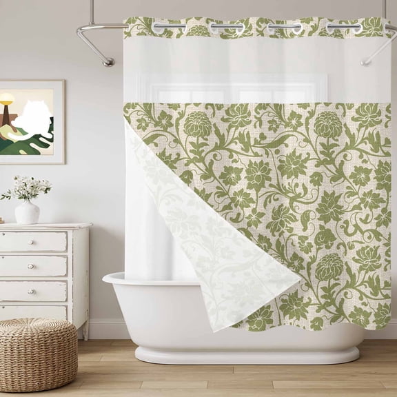 No Hook Shower Curtain with Snap in Liner, Rustic Green Wildflower Retro Linen Curtain Set See-Through Top Double Layers Abstract Floral Texture Shower Curtains for Bathroom Decor, 72x72in