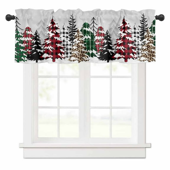 Christmas Valances for Windows Red Green Plaid Leopard Xmas Tree Rod Pocket Curtain Valance Window Treatment Short Curtains for Kitchen Living Room, 60"x18"