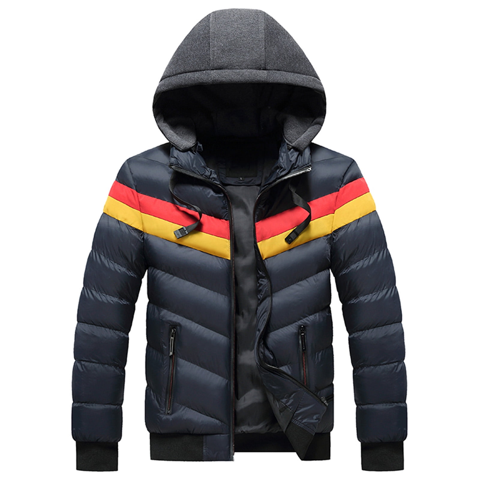 Men's Sleeve Color Matching Jacket Zipper Drawstring Hooded Cotton