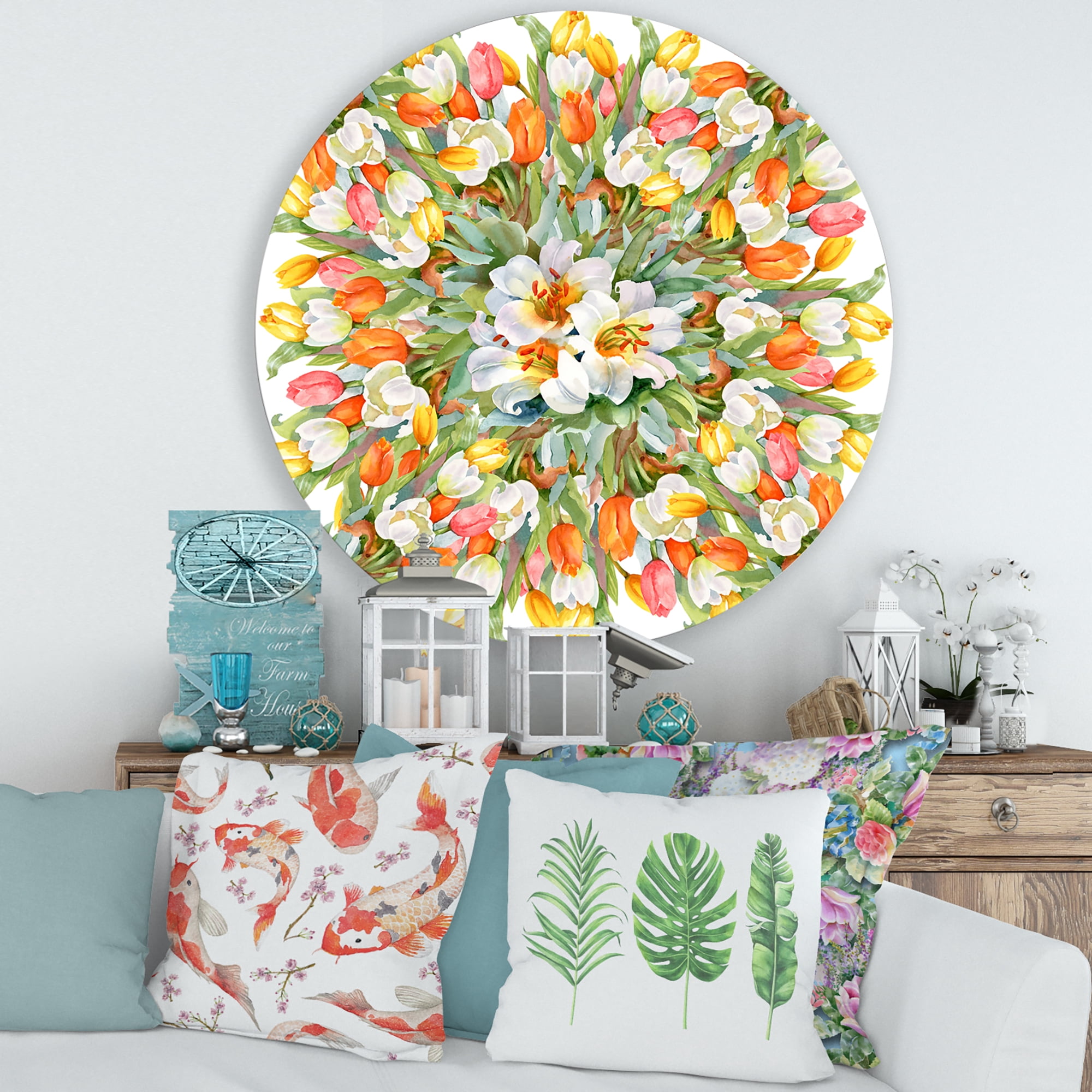 Designart 'Blooming Orange and White Tulips I' Traditional Circle Metal Wall Art 36x36 - Disc of 36