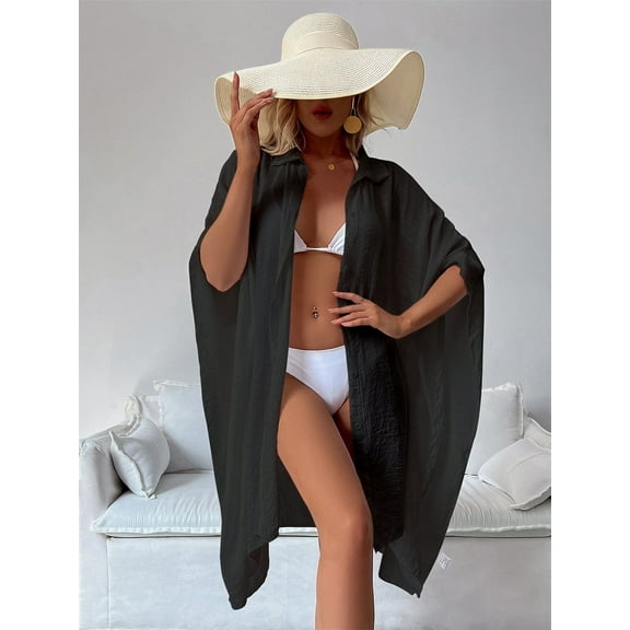 LEZMORE Women's Swimsuit Beach Cover Up Shirt Bikini Beachwear Bathing Suit Beach Dress Kimono Cardigan Shirt Coverup with Button Black