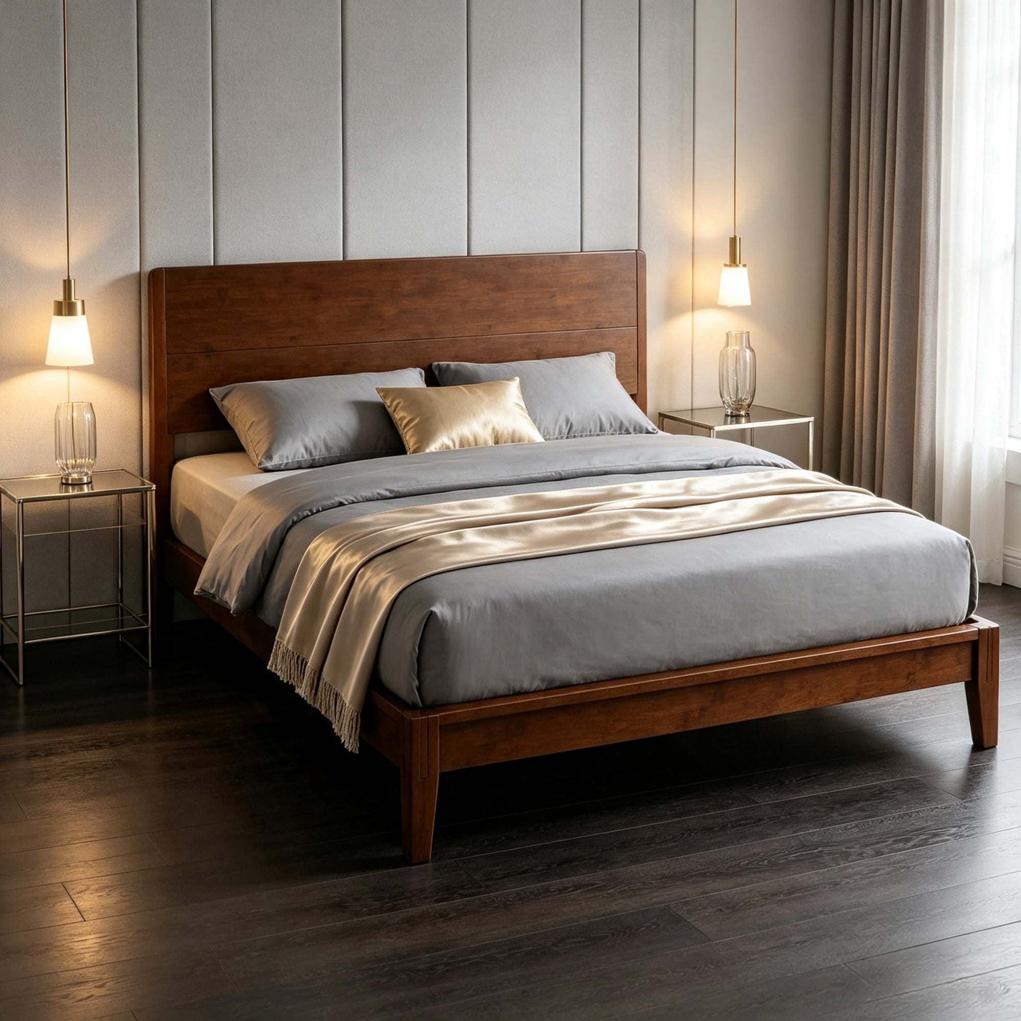Queen Bamboo Platform Bed Frame with Headboard, 12 Slats, No Box Spring Needed, Brown