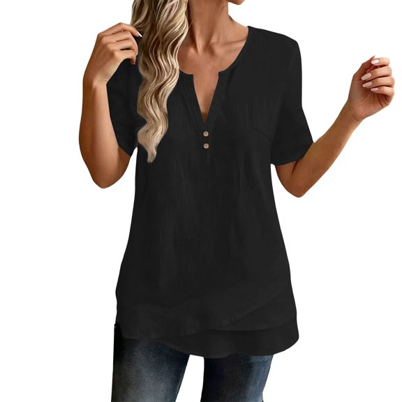 GZWYHT Cotton Linen Tops for Women V Neck Blouses Cotton Spring Tops Linen Tunic Tops for Women Blouse Tops Vintage Tunic Summer Tops Gauze Women's Tops Gauze Popover Tops Black L
