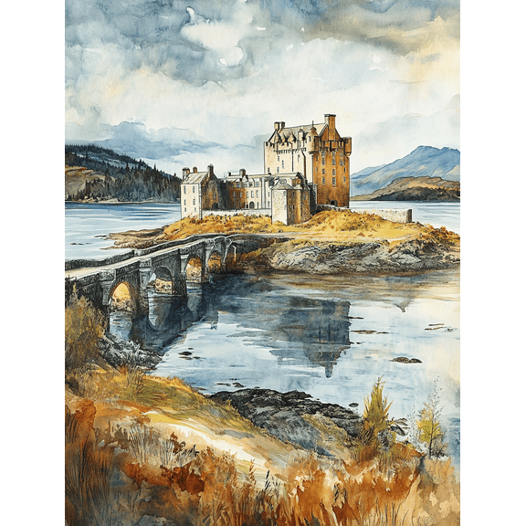 Scottish Castle Watercolor Painting Print, Suitable for Living Room, Bedroom, Office, Dining Room, and Hallway Decor