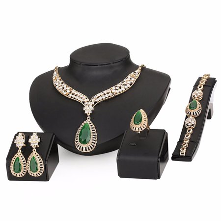 Beaded Set Jewelry Set - 18K Gold Plated Green Beads Crystal Chain Necklace Earrings Ring Bracelet Jewelry Set