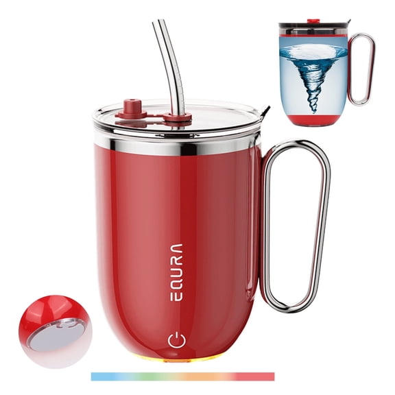 Daasigwaa Self Stirring Mug - 4-Color Temp Display Magnetic Electric Auto Mixing Stainless Steel Cup with Straw & Lid For Office/Kitchen/ Home/Coffee/Milk- 14.2oz/420ml(Red)