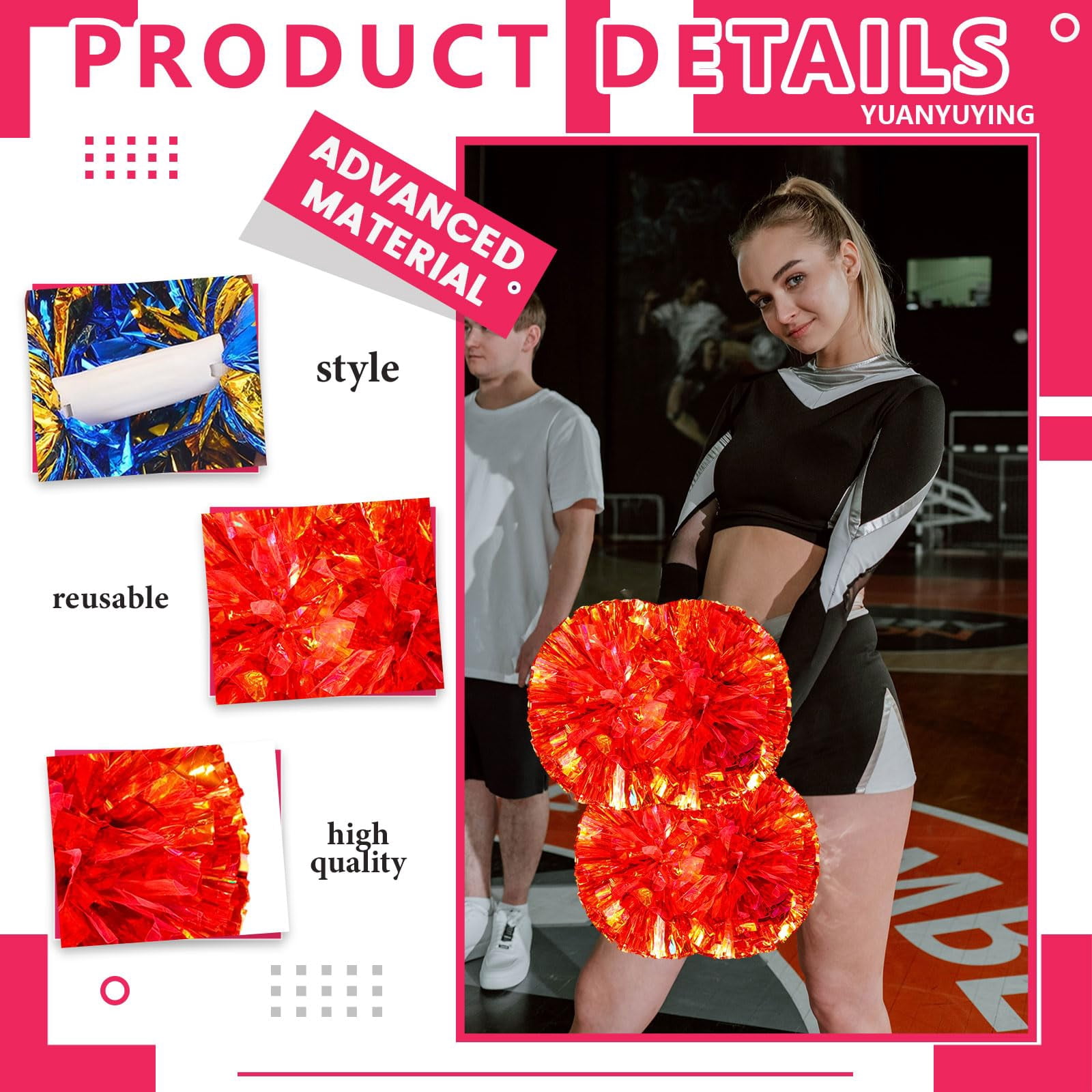 Cheerleading Pom Poms 12 Pcs with Handle Style, Handheld Squad Pompoms for Sports Team Cheer Spirit Games Dance Party Adults