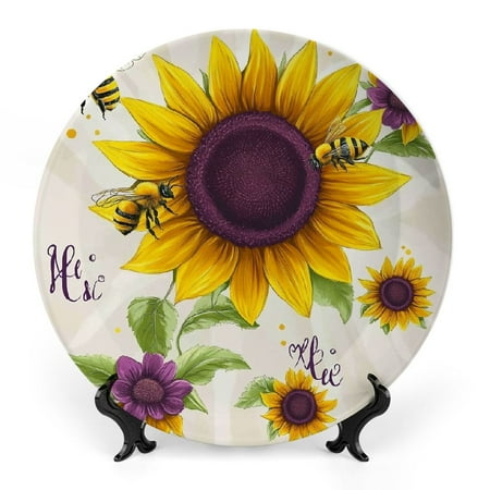 

FUMJ Sunflower Bees Banner Bone China Decorative Plate Room Decoration 7x7inch