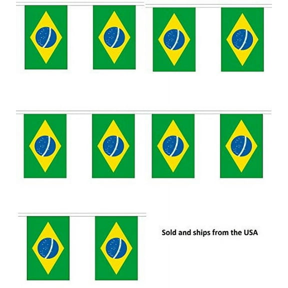 10' Brazil String Flag Party Bunting Has 10 Brazilian 6"x9" Polyester Banner Flags Attached, Popular For School Classroom, Bars, Restaurants, World Cup Theme Parties